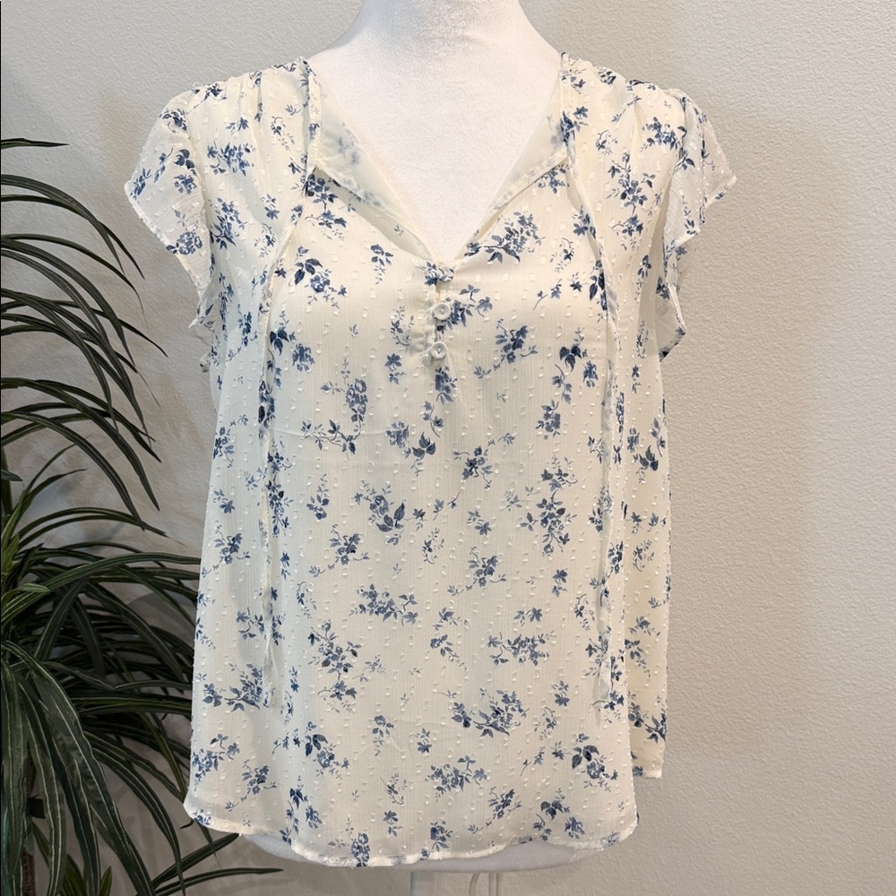 Elaine Rose Floral Blouse Top Cream and Blue Sheer Lined Relaxed Fit S